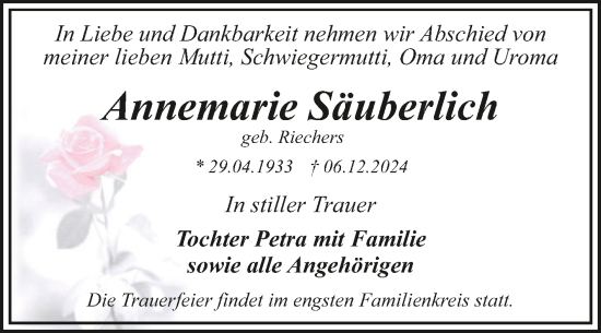 Traueranzeige von Annemarie Säuberlich von Trauerkombi Dessau