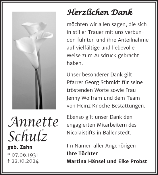 Traueranzeige von Annette Schulz von Trauerkombi Aschersleben