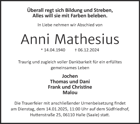 Traueranzeige von Anni Mathesius von Mitteldeutsche Zeitung Halle/Saalkreis