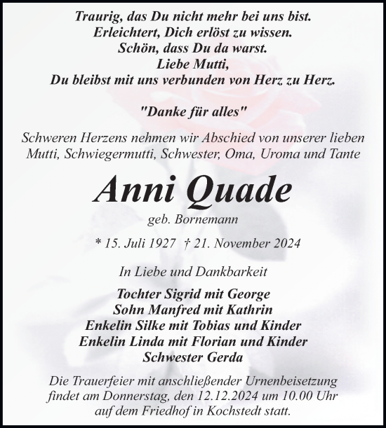 Traueranzeige von Anni Quade von Trauerkombi Dessau