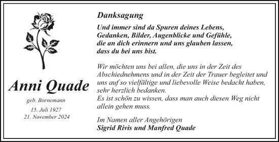 Traueranzeige von Anni Quade von Trauerkombi Dessau