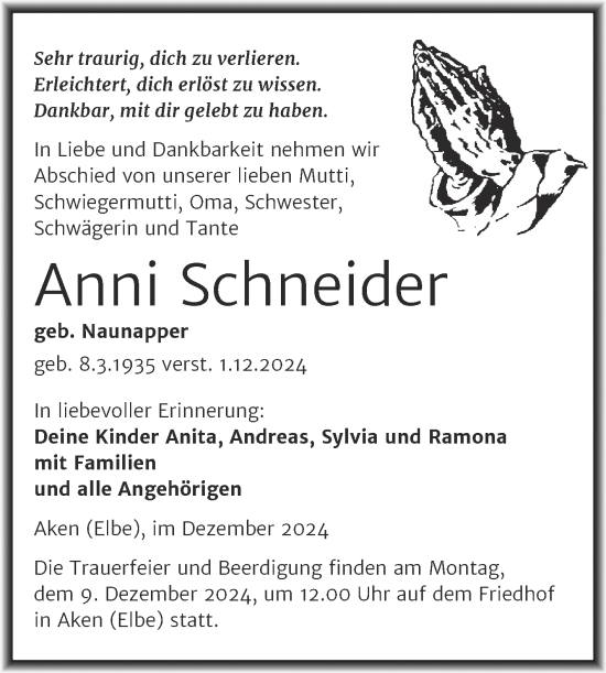 Traueranzeige von Anni Schneider von Trauerkombi Köthen