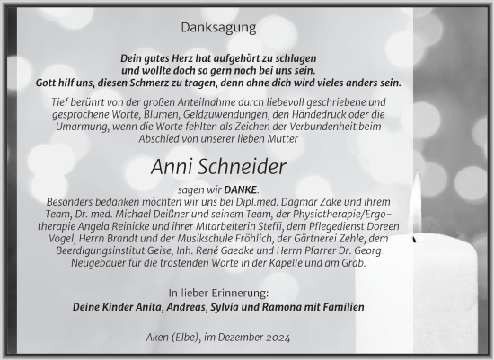Traueranzeige von Anni Schneider von Trauerkombi Köthen