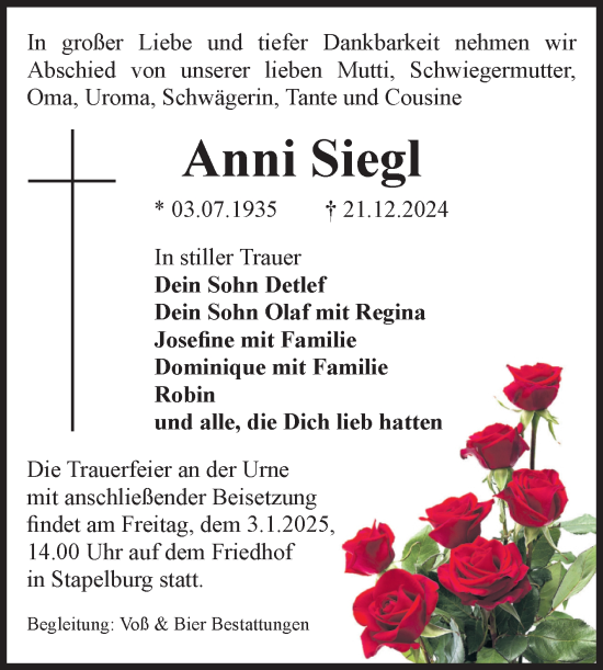 Traueranzeige von Anni Siegl von Volksstimme Wernigerode