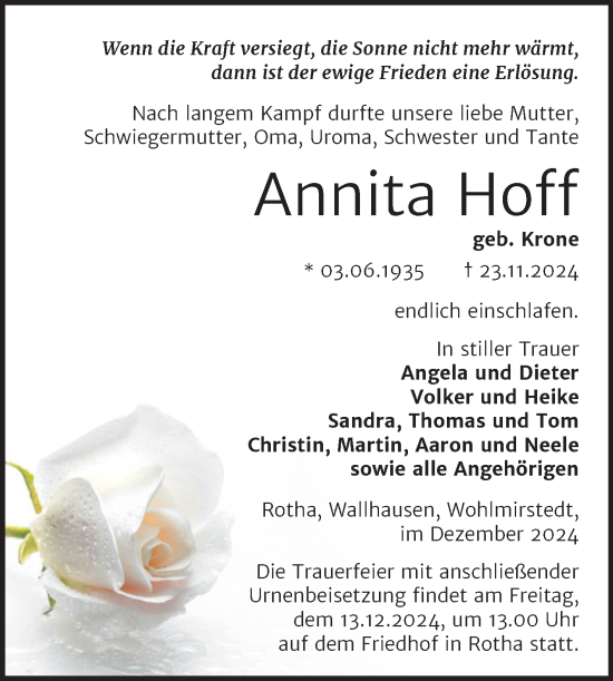 Traueranzeige von Annita Hoff von Trauerkombi Sangerhausen