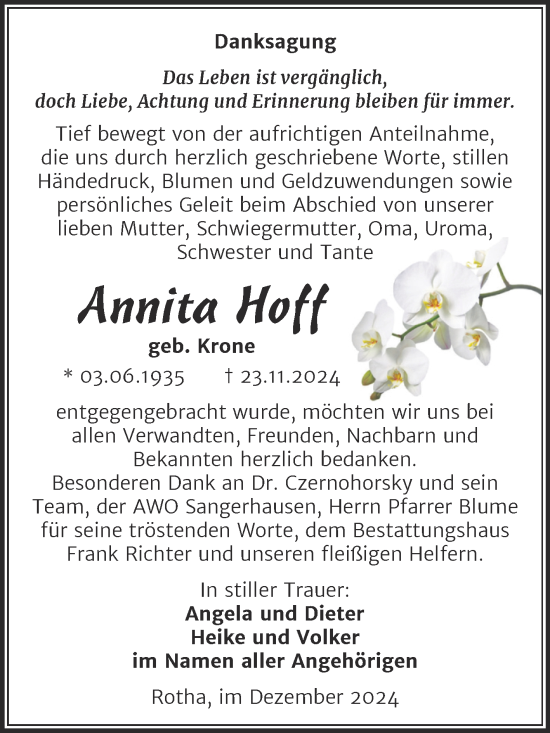 Traueranzeige von Annita Hoff von Trauerkombi Sangerhausen