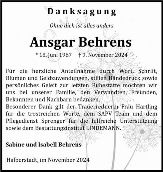 Traueranzeige von Ansgar Behrens von Volksstimme Halberstadt