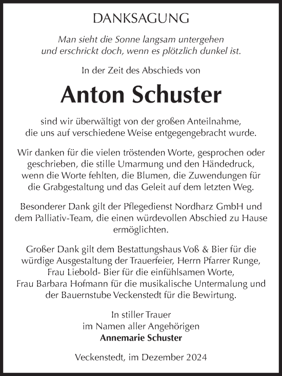Traueranzeige von Anton Schuster von Volksstimme Wernigerode