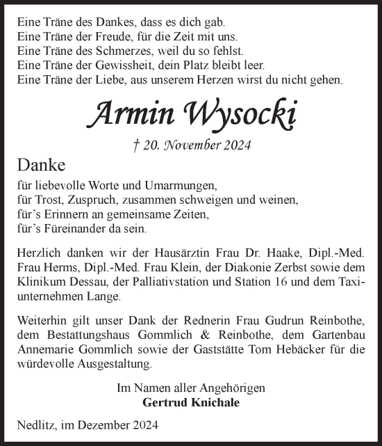 Traueranzeige von Armin Wysocki von Volksstimme Zerbst
