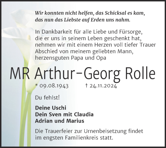 Traueranzeige von Arthur-Georg Rolle von Mitteldeutsche Zeitung Halle/Saalkreis