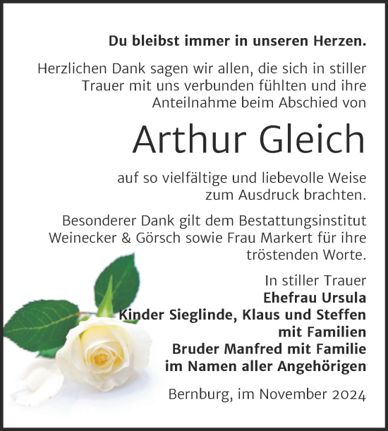 Traueranzeige von Arthur Gleich von Trauerkombi Bernburg