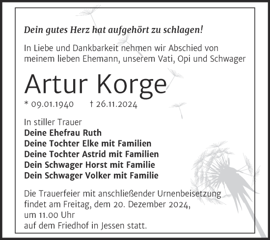 Traueranzeige von Artur Korge von Trauerkombi Wittenberg