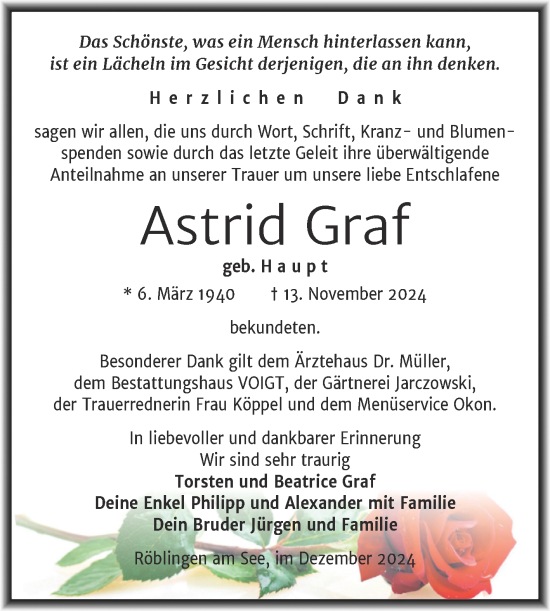 Traueranzeige von Astrid Graf von Trauerkombi Mansfelder Land