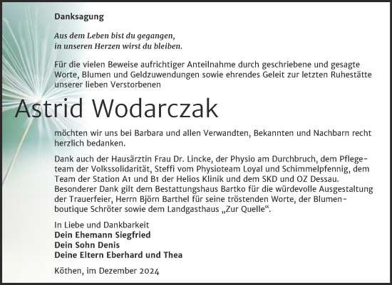 Traueranzeige von Astrid Wodarczak von Trauerkombi Köthen