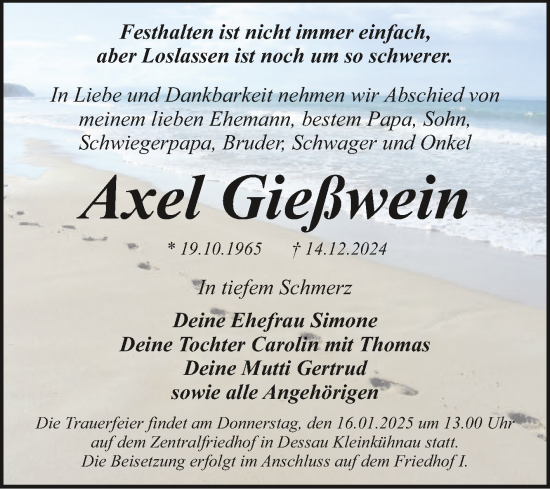 Traueranzeige von Axel Gießwein von Trauerkombi Dessau