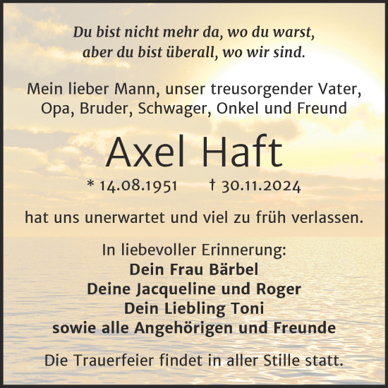 Traueranzeige von Axel Haft von Trauerkombi Mansfelder Land