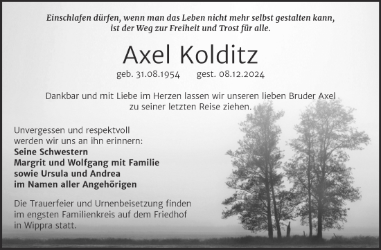 Traueranzeige von Axel Kolditz von Trauerkombi Sangerhausen