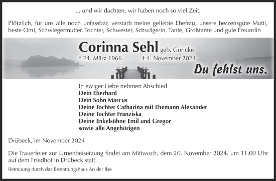 Traueranzeige von Corinna Sehl von Volksstimme Wernigerode