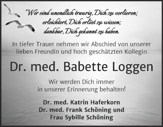 Traueranzeige von Babette Loggen von Trauerkombi Mansfelder Land