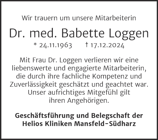 Traueranzeige von Babette Loggen von Mitteldeutsche Zeitung Mansfelder Land