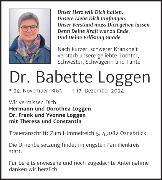 Traueranzeige von Babette Loggen von Trauerkombi Mansfelder Land