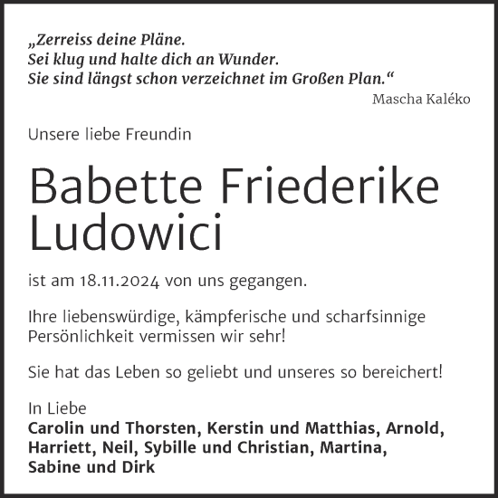 Traueranzeige von Babette Friederike Ludowici von Mitteldeutsche Zeitung Quedlingburg