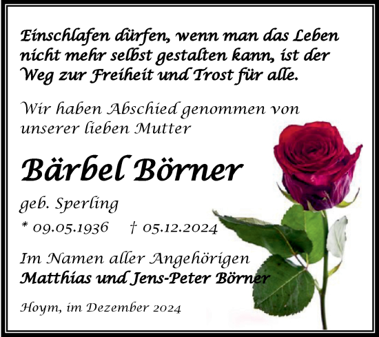 Traueranzeige von Bärbel Börner von Trauerkombi Aschersleben