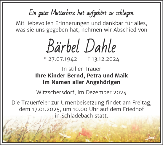 Traueranzeige von Bärbel Dahle von Trauerkombi Merseburg