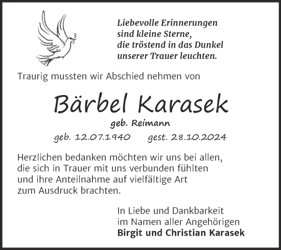 Traueranzeige von Bärbel Karasek von Trauerkombi Dessau