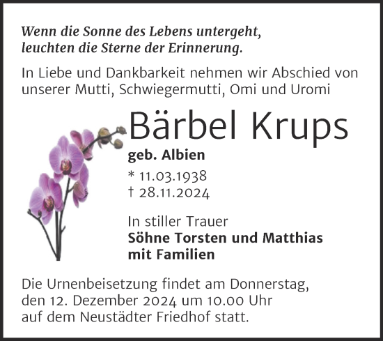Traueranzeige von Bärbel Krups von Mitteldeutsche Zeitung Halle/Saalkreis