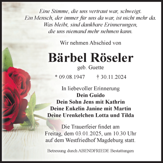 Traueranzeige von Bärbel Röseler von Volksstimme Magdeburg