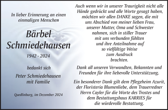 Traueranzeige von Bärbel Schmiedehausen von Trauerkombi Quedlinburg