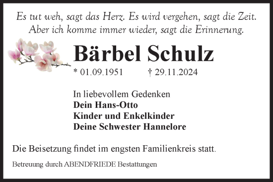 Traueranzeige von Bärbel Schulz von Volksstimme Magdeburg
