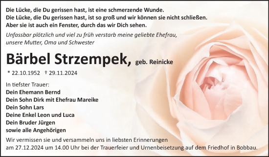 Traueranzeige von Bärbel Strzempek von Trauerkombi Dessau