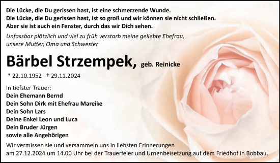 Traueranzeige von Bärbel Strzempek von Trauerkombi Köthen