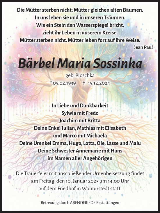 Traueranzeige von Bärbel Maria Sossinka von Volksstimme Haldensleben/Wolmirstedt