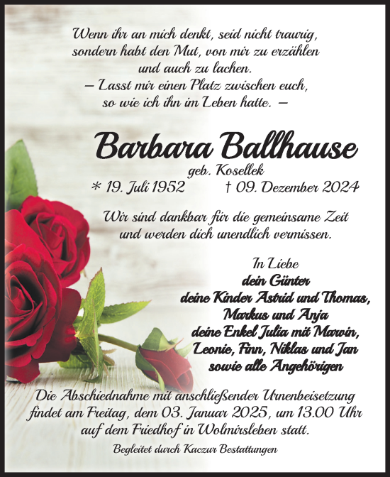 Traueranzeige von Barbara Ballhause 