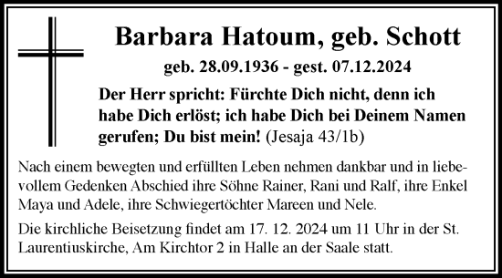 Traueranzeige von Barbara Hatoum von Mitteldeutsche Zeitung Halle/Saalkreis