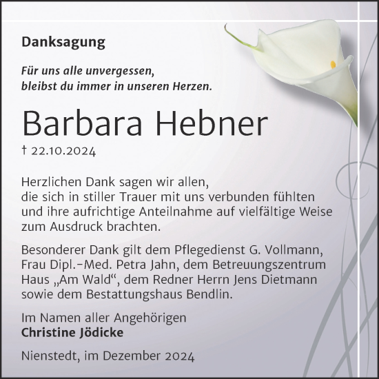 Traueranzeige von Barbara Hebner von Trauerkombi Sangerhausen