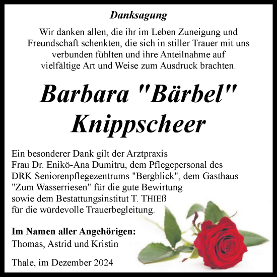 Traueranzeige von Barbara Knippscheer von Trauerkombi Quedlinburg