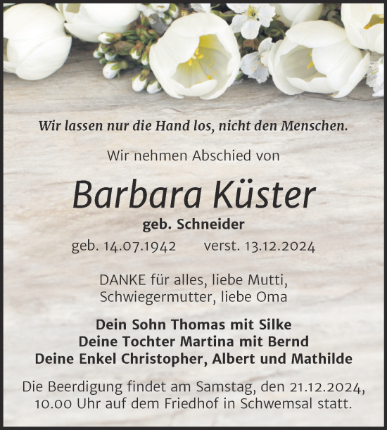 Traueranzeige von Barbara Küster von Mitteldeutsche Zeitung Bitterfeld