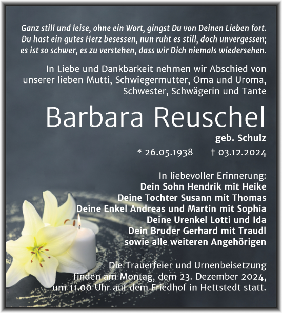 Traueranzeige von Barbara Reuschel von Trauerkombi Mansfelder Land