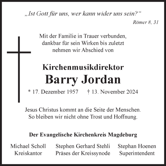 Traueranzeige von Barry Jordan von Volksstimme Magdeburg