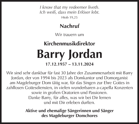 Traueranzeige von Barry Jordan von Volksstimme Magdeburg
