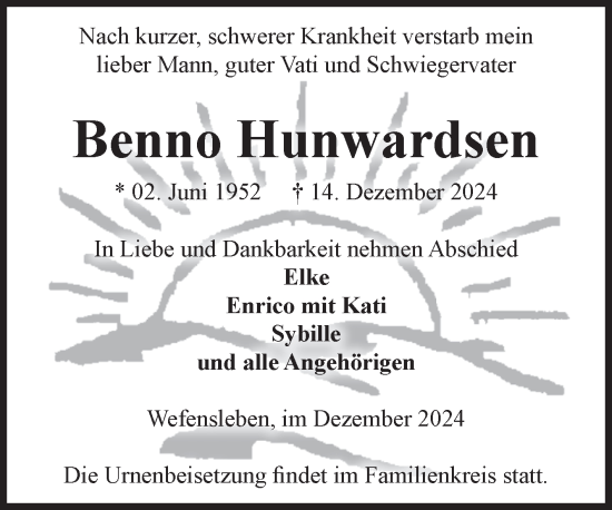 Traueranzeige von Benno Hunwardsen von Volksstimme Oschersleben/Wanzleben