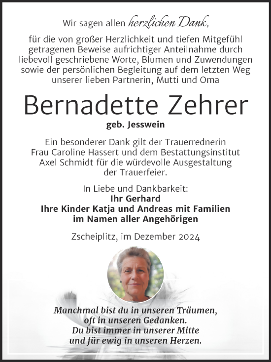 Traueranzeige von Bernadette Zehrer von Super Sonntag Naumburg/Nebra