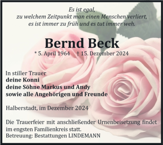 Traueranzeige von Bernd Beck von Volksstimme Halberstadt
