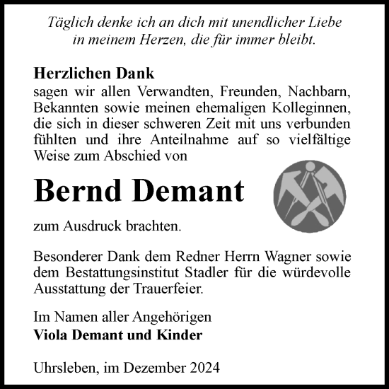 Traueranzeige von Bernd Demant von Volksstimme Haldensleben/Wolmirstedt