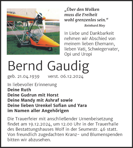 Traueranzeige von Bernd Gaudig von Trauerkombi Weißenfels