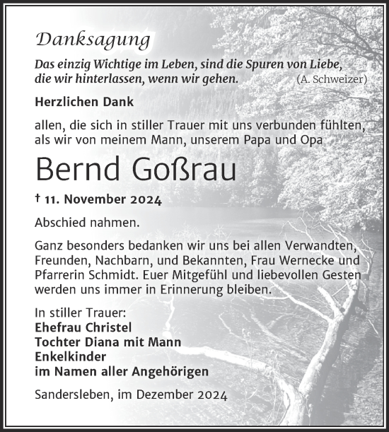 Traueranzeige von Bernd Goßrau von Trauerkombi Mansfelder Land